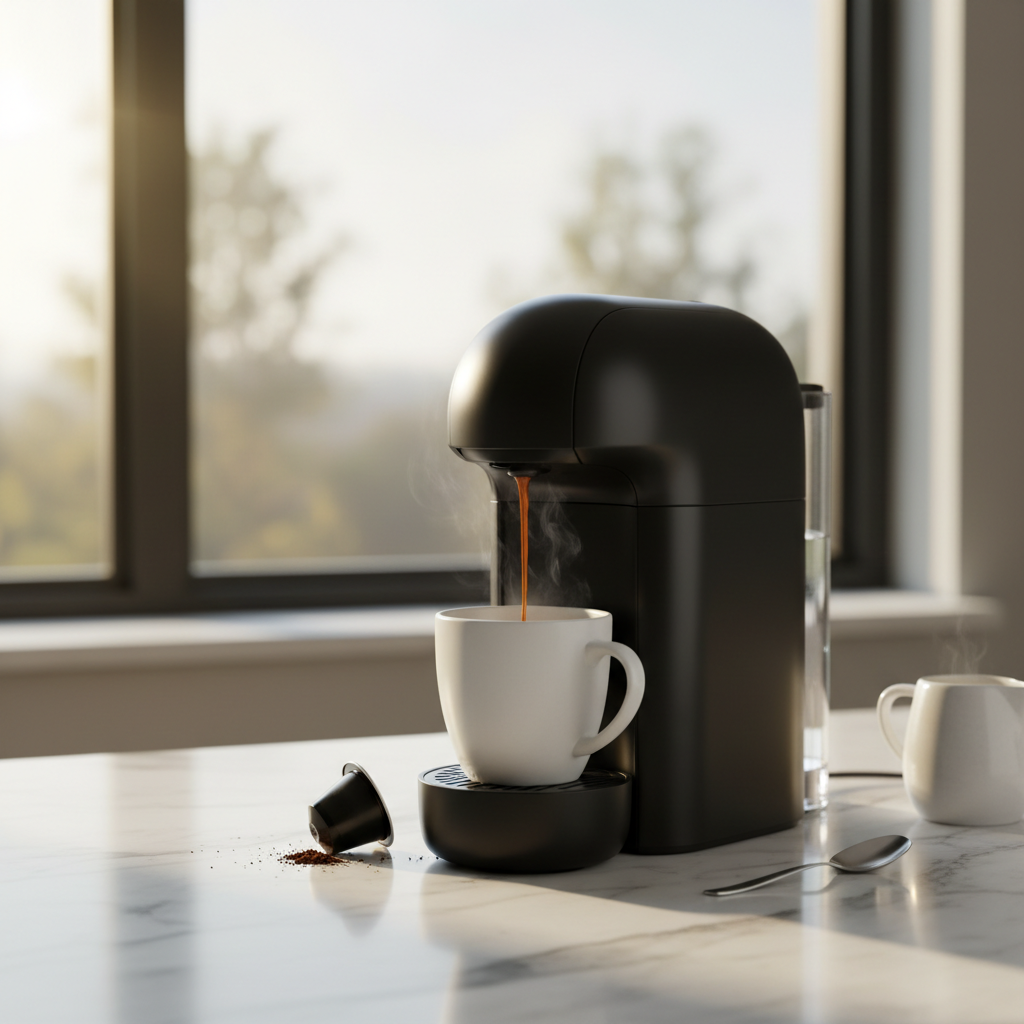 A frustrated person looks at a coffee mug that is only half full in front of a sputtering single-serve coffee maker.