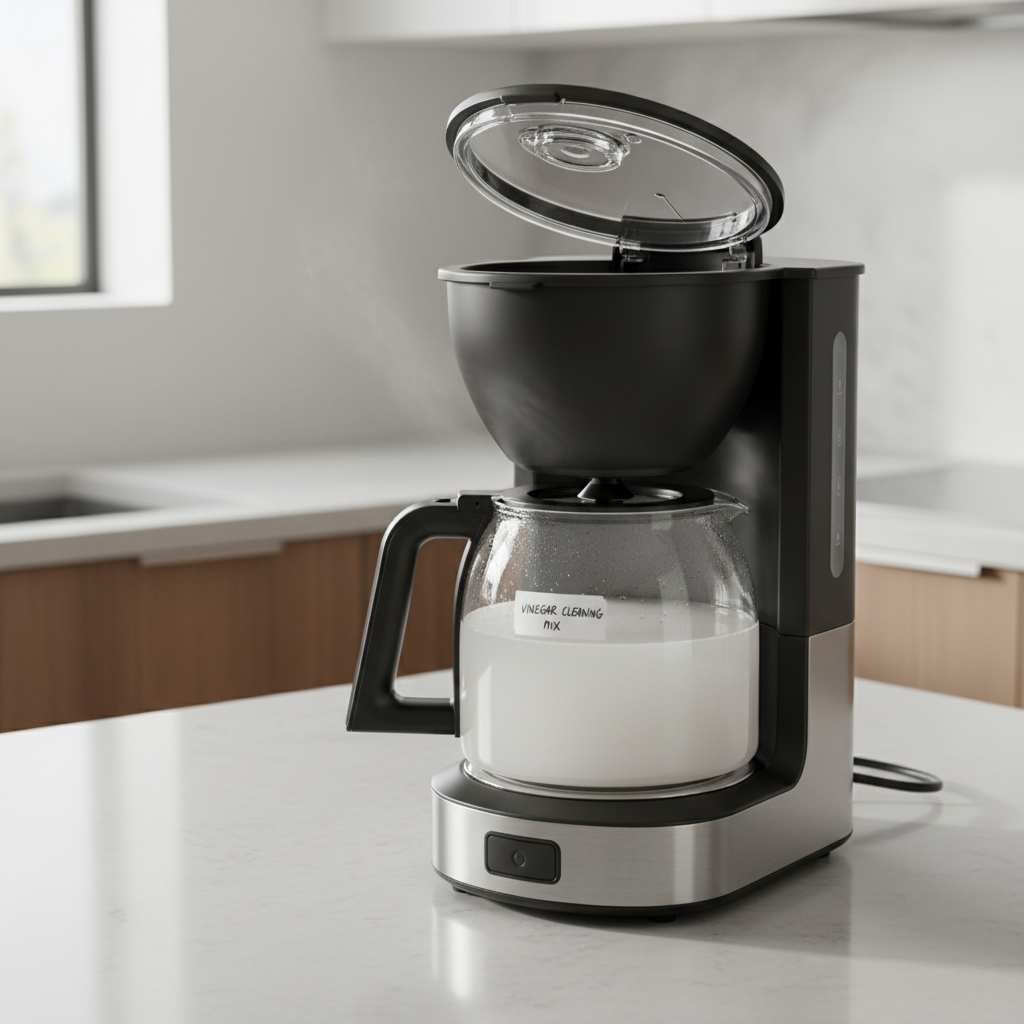 A clean stainless steel coffee maker on a kitchen counter, with a coffee cup next to it.