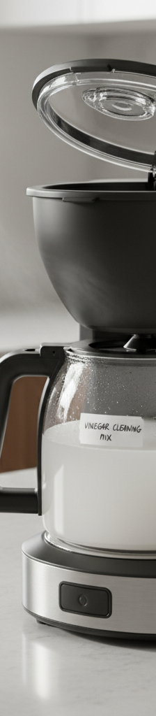 A clean stainless steel coffee maker on a kitchen counter, with a coffee cup next to it.