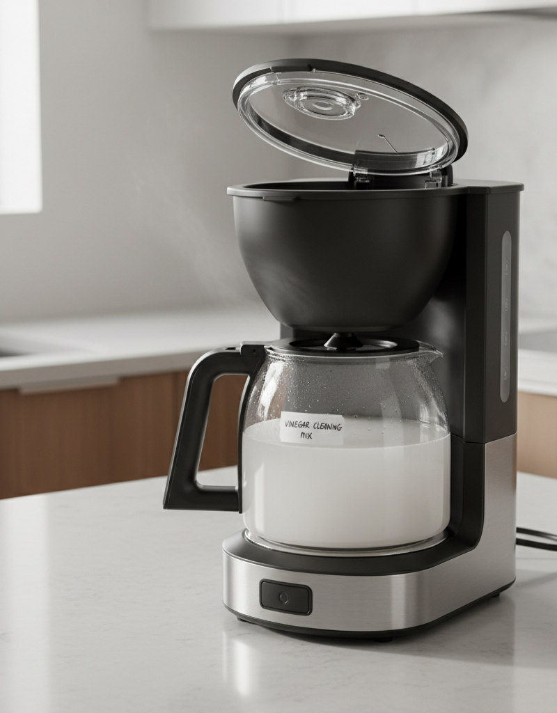 A clean stainless steel coffee maker on a kitchen counter, with a coffee cup next to it.