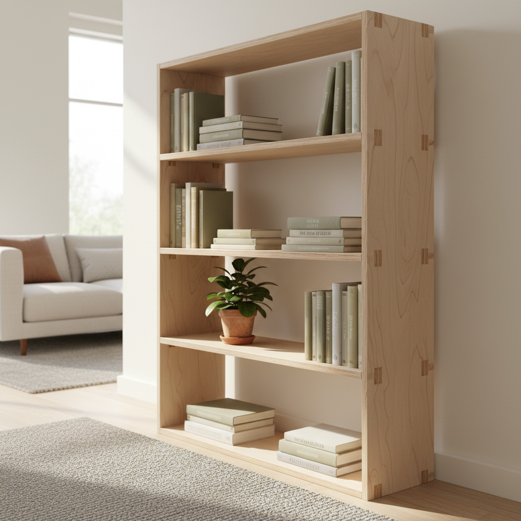 A clean, modern-looking unpainted plywood bookshelf built with visible dado joints, showcased against a workshop wall.