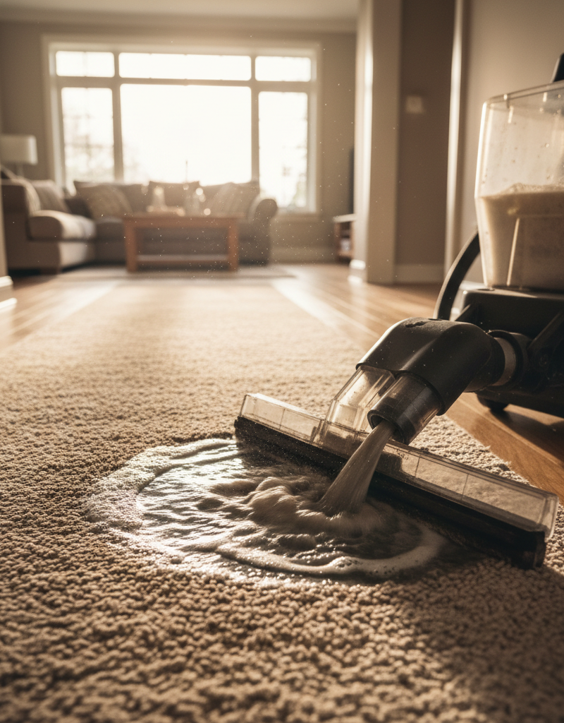 A side-by-side comparison showing a dirty, dark traffic lane on a beige carpet next to the clean, restored section after an enzyme treatment.