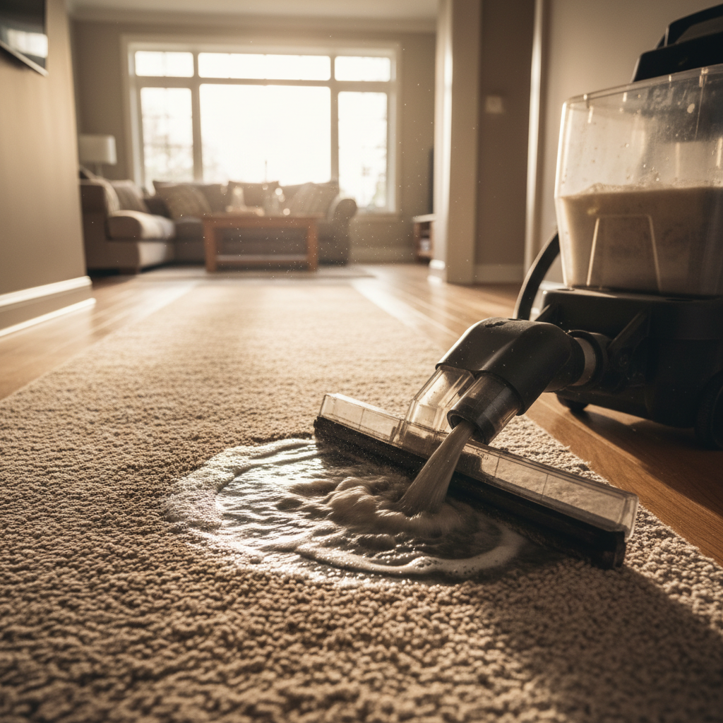A side-by-side comparison showing a dirty, dark traffic lane on a beige carpet next to the clean, restored section after an enzyme treatment.