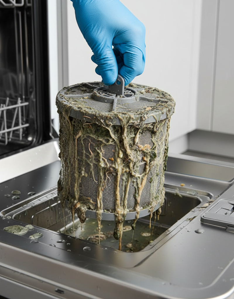 Close-up of a person's hands twisting to unlock and remove the cylindrical filter from the bottom of a dishwasher.
