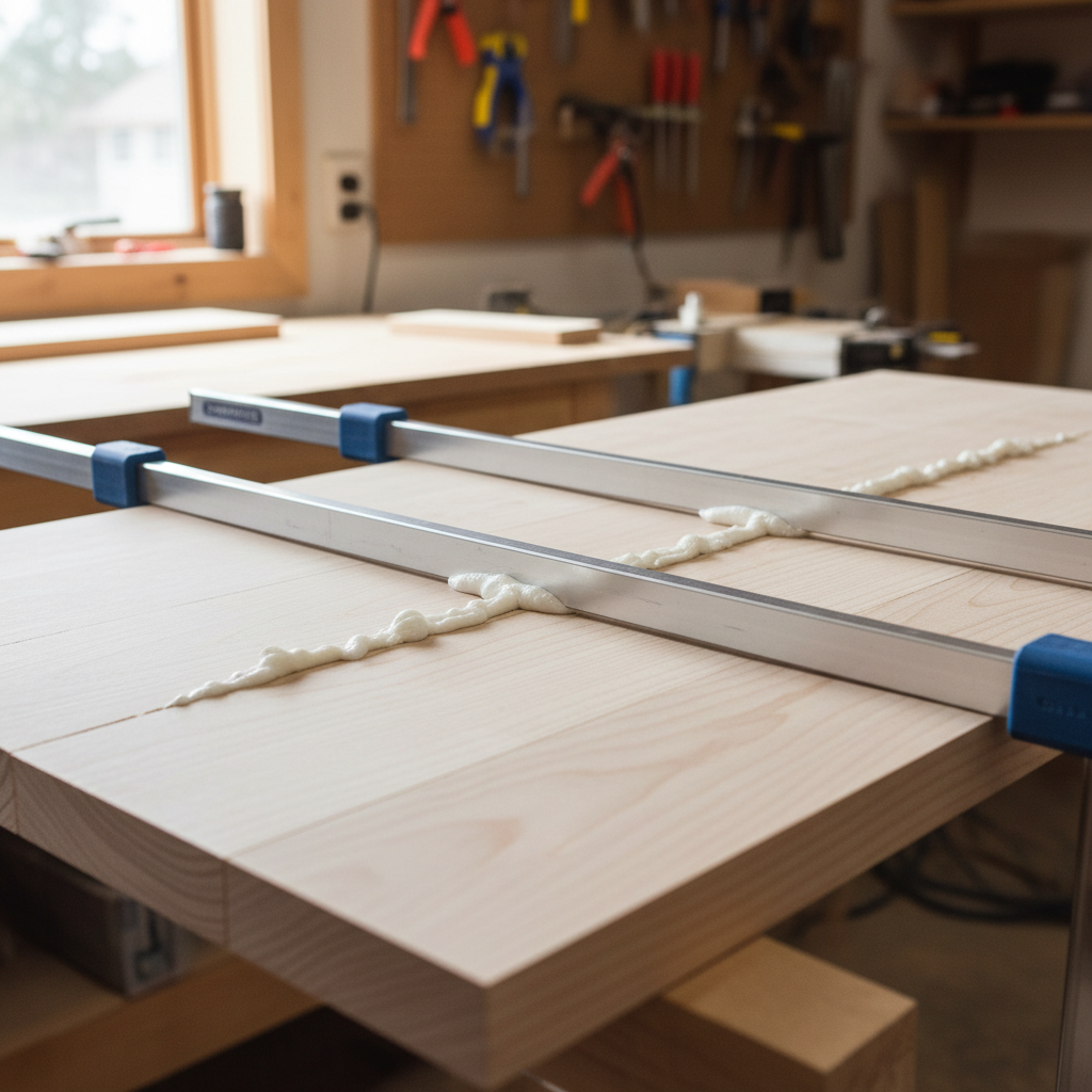 A row of parallel clamps applying pressure to a freshly glued wood panel, showing a small amount of glue squeeze-out.