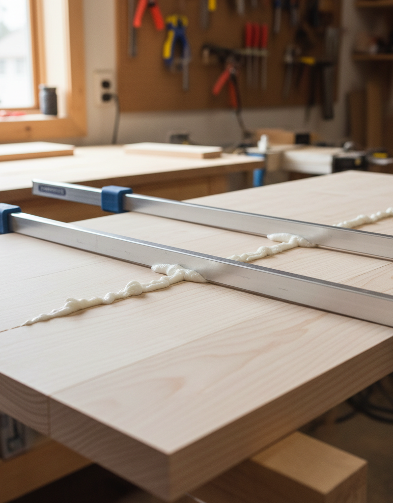 A row of parallel clamps applying pressure to a freshly glued wood panel, showing a small amount of glue squeeze-out.