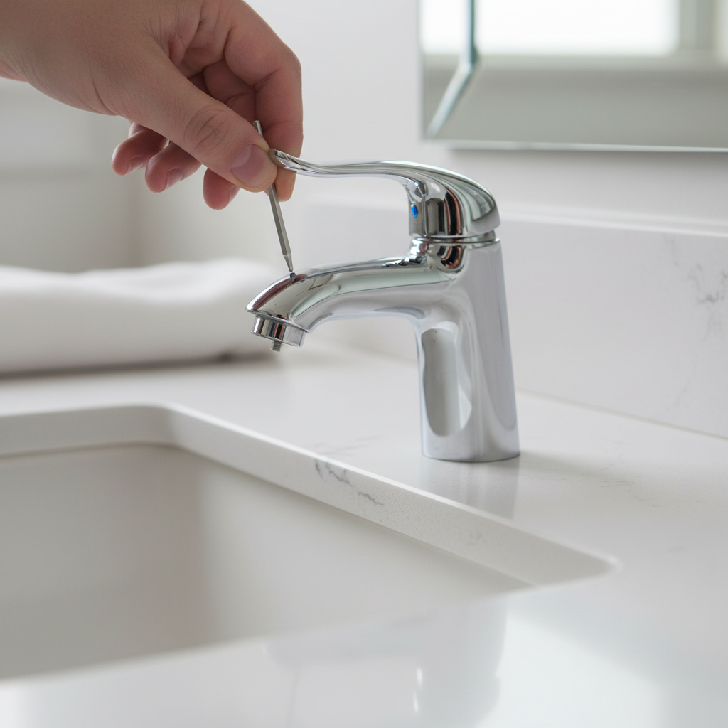A close-up shot showing a person using a hex key to tighten the set screw on a modern chrome bathroom faucet handle.