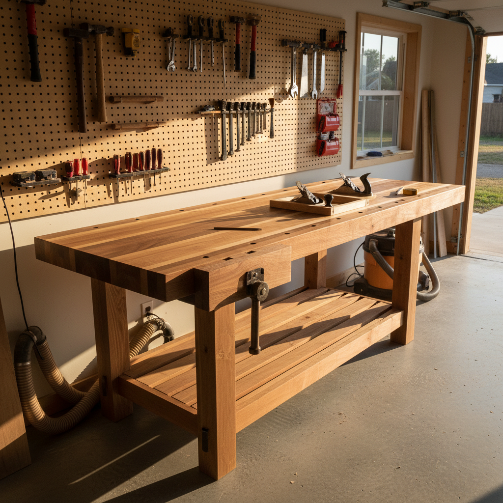 A newly built, solid hardwood workbench stands in a garage workshop, with woodworking tools neatly arranged on its surface.