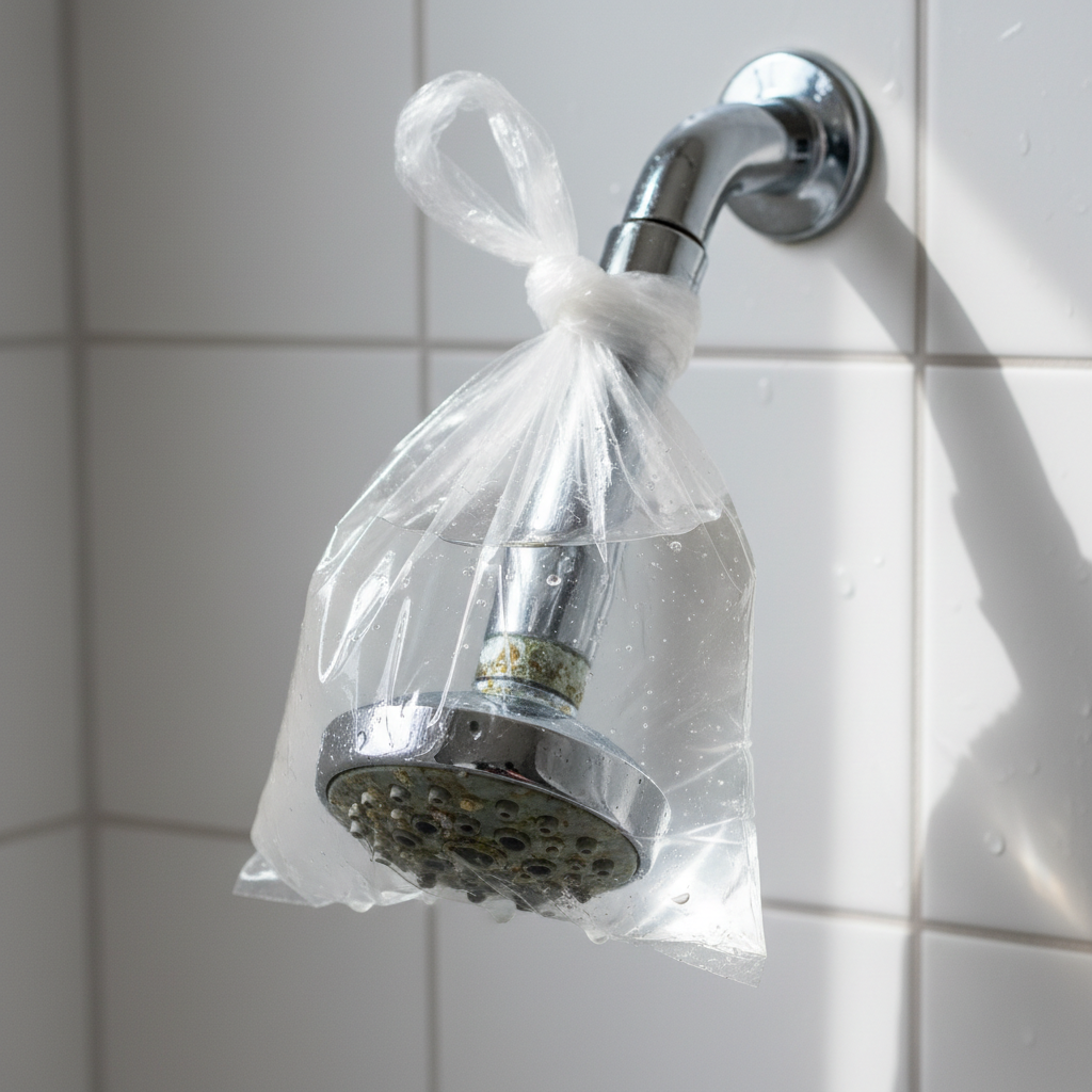 A modern chrome showerhead with a weak, trickling stream of water, clearly showing a low-pressure problem in a tiled shower.