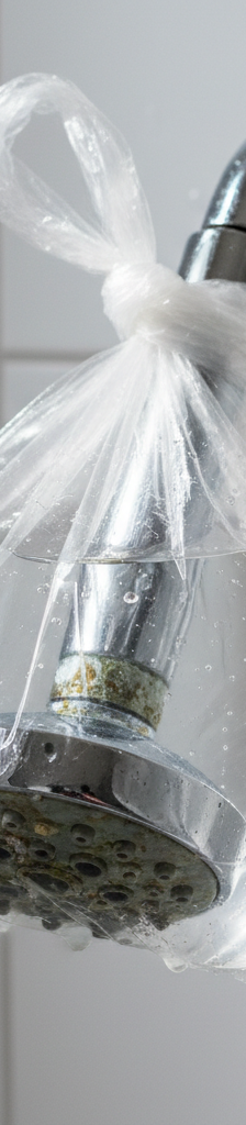A modern chrome showerhead with a weak, trickling stream of water, clearly showing a low-pressure problem in a tiled shower.