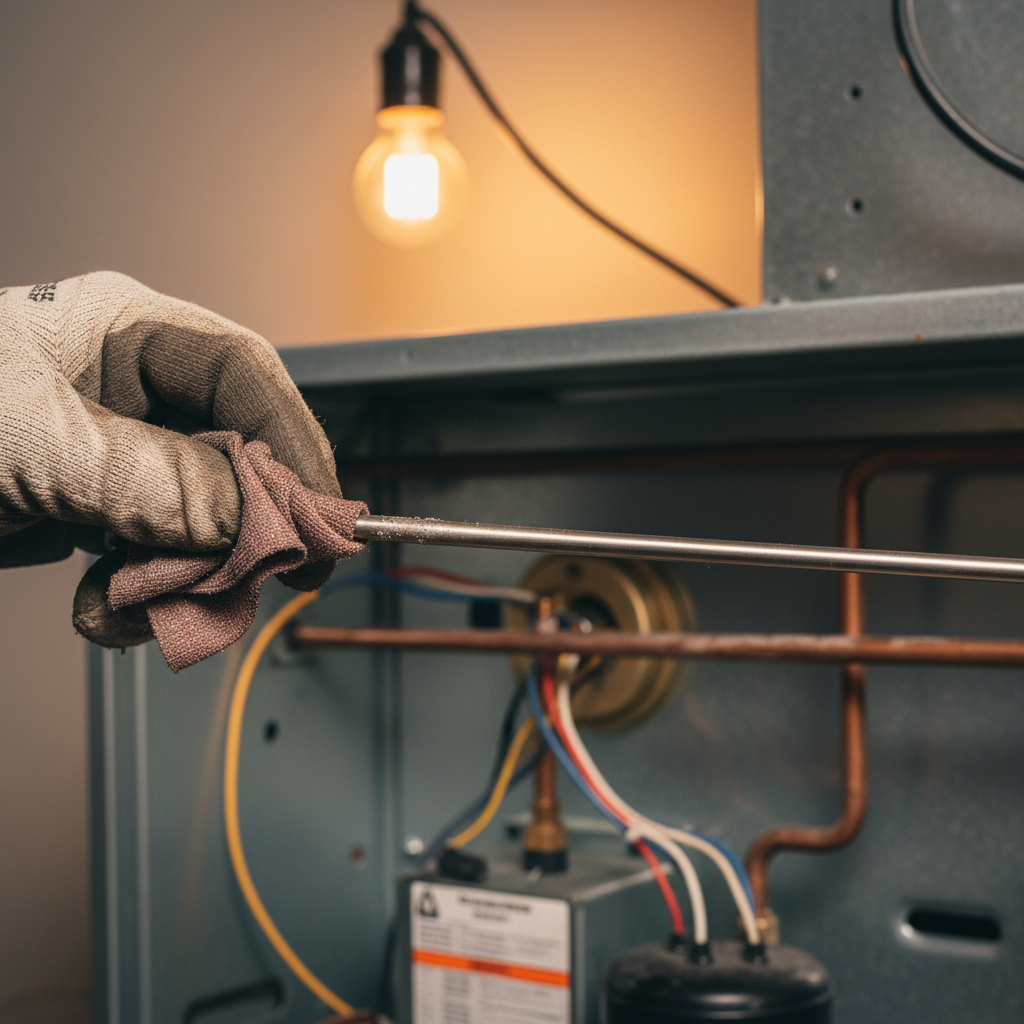 A close-up shot of a hand holding a newly cleaned, shiny furnace flame sensor.