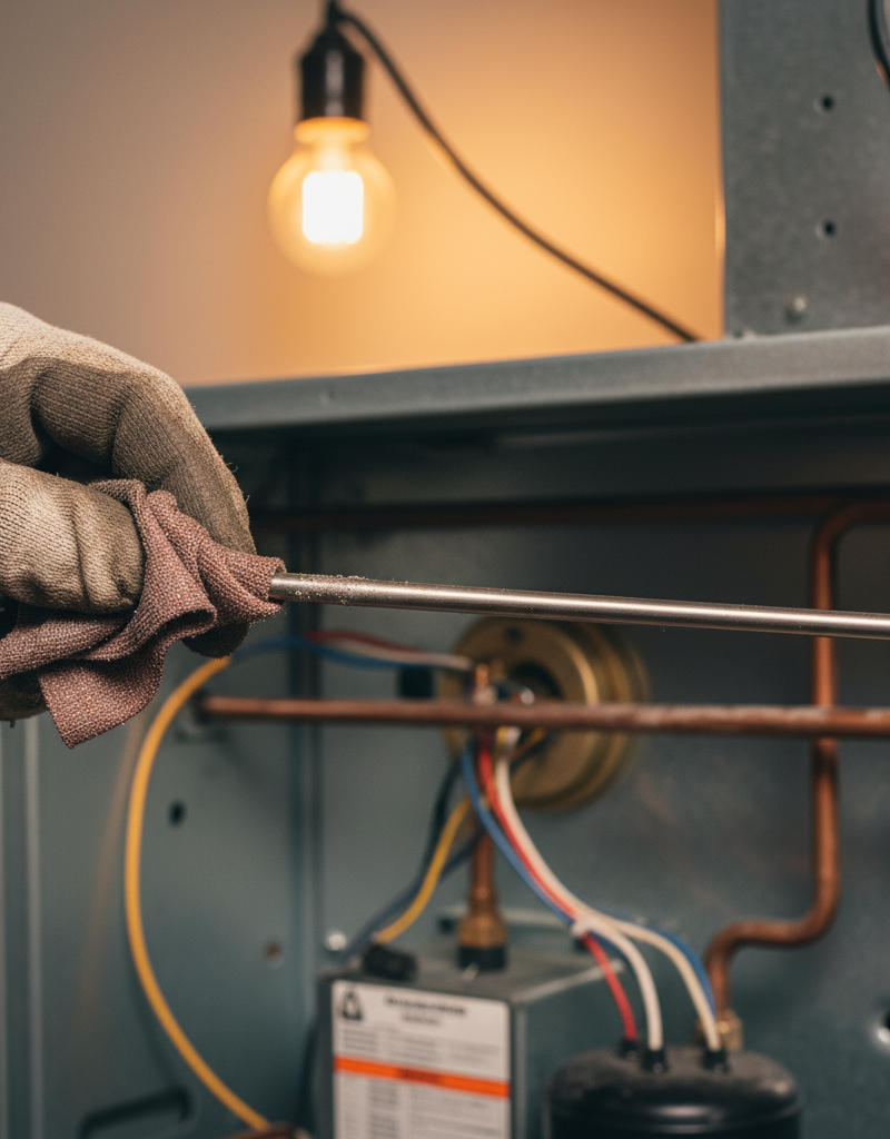 A close-up shot of a hand holding a newly cleaned, shiny furnace flame sensor.