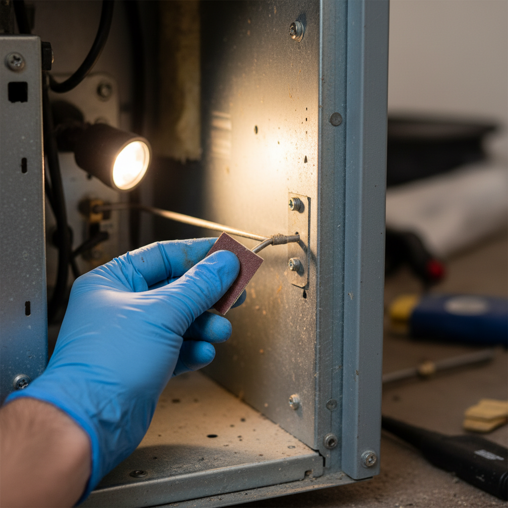 A homeowner's hand holding a clean furnace flame sensor, with the furnace burners visible in the background.