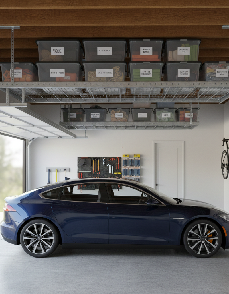 A disastrous scene in a garage where a fully loaded overhead storage rack has fallen onto the hood and windshield of a red car.