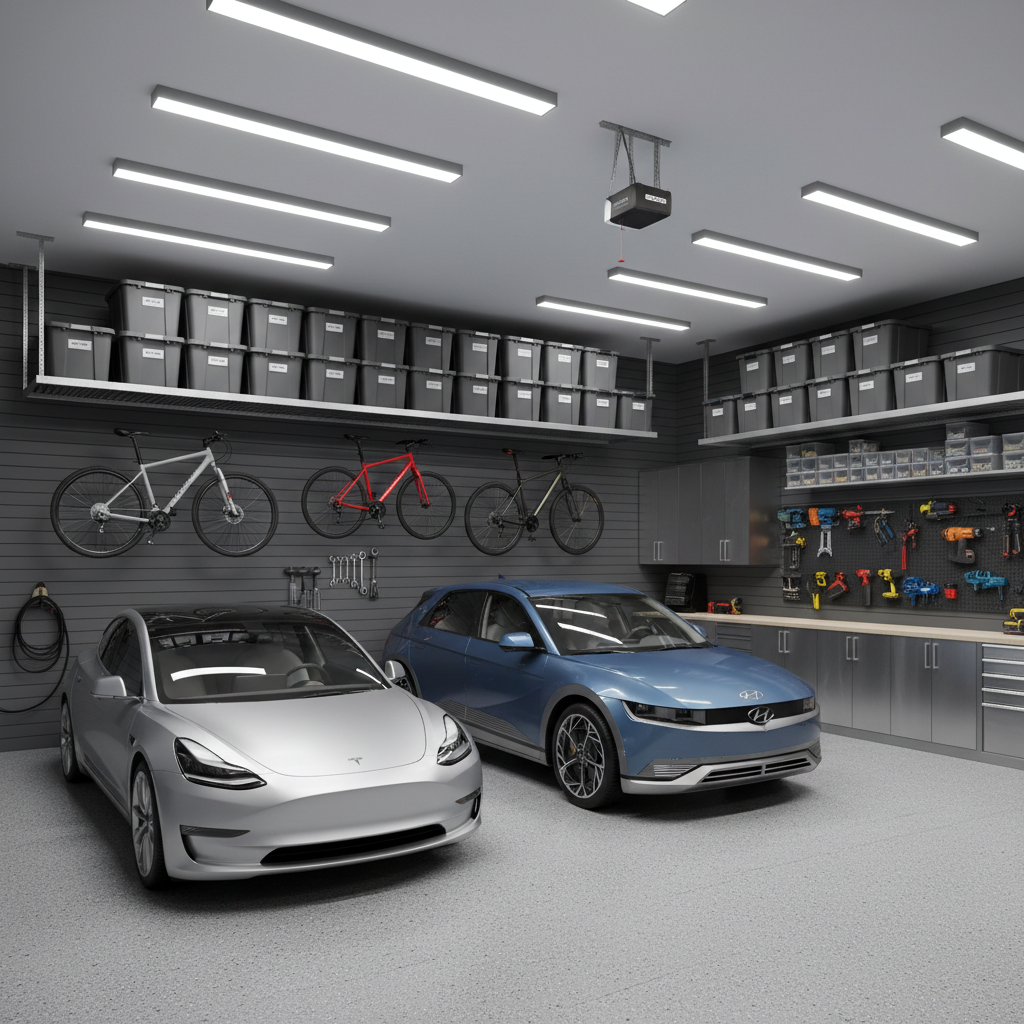 A well-organized garage showcasing several garage storage ideas, including overhead racks and a slatwall system with tools.