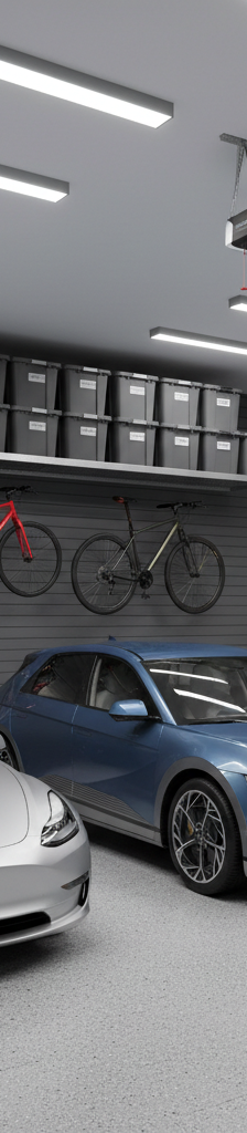 A well-organized garage showcasing several garage storage ideas, including overhead racks and a slatwall system with tools.