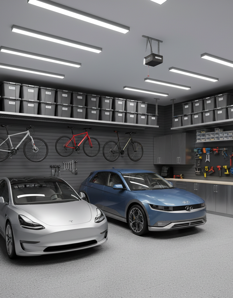A well-organized garage showcasing several garage storage ideas, including overhead racks and a slatwall system with tools.