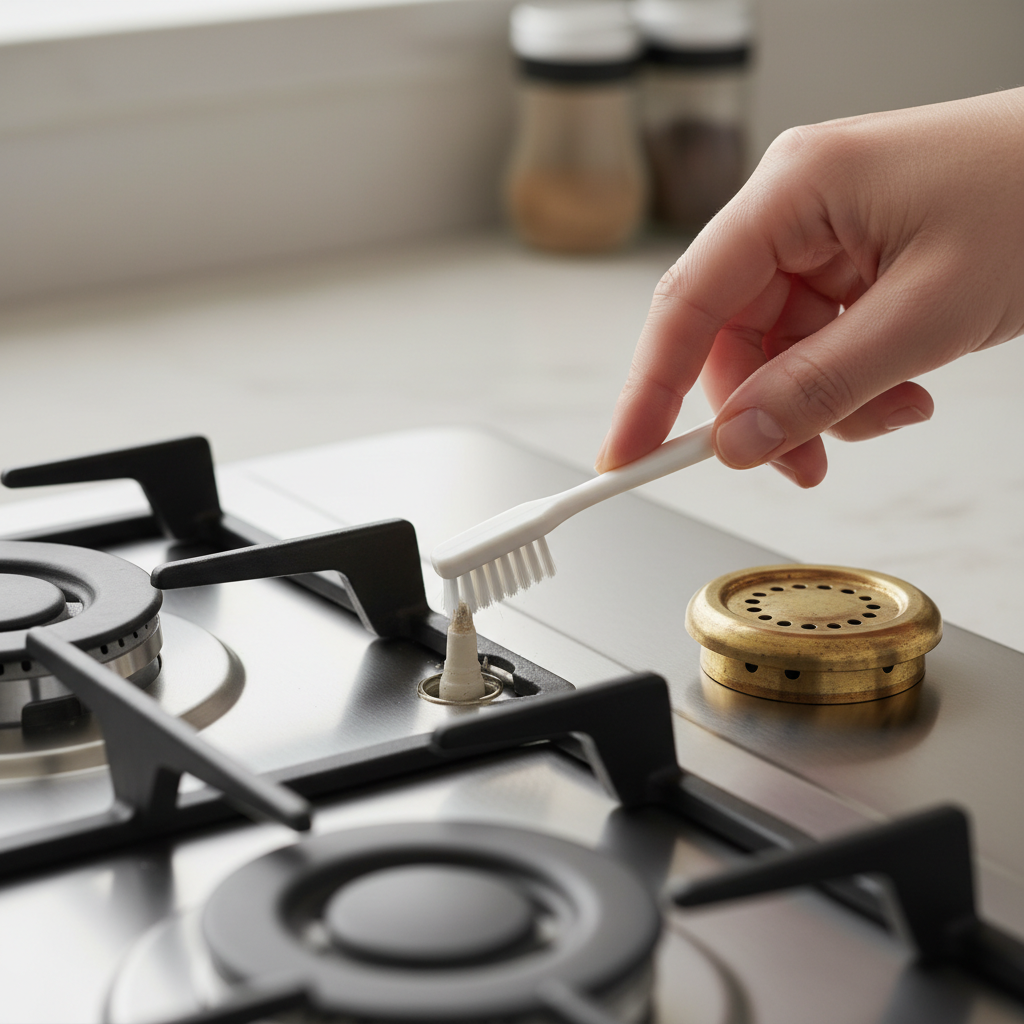 Close-up of a gas stove burner with the cap removed, showing the white ceramic igniter electrode.