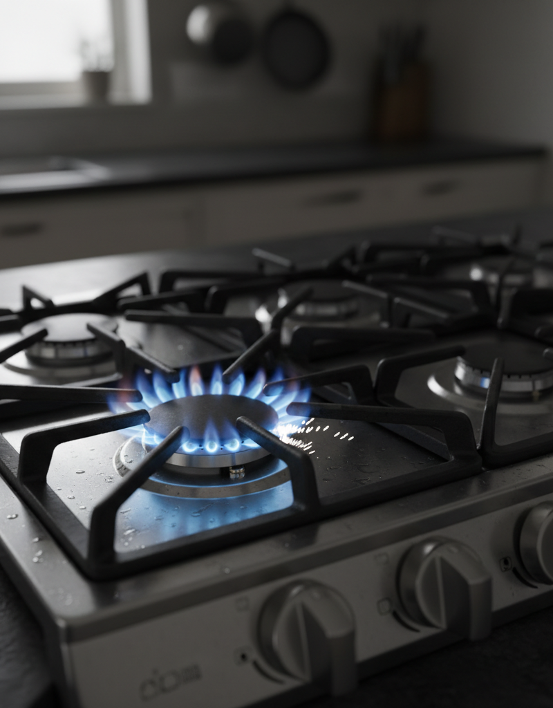 A close-up shot of a gas stove burner with the blue flame lit while the white ceramic igniter is visibly sparking next to it.