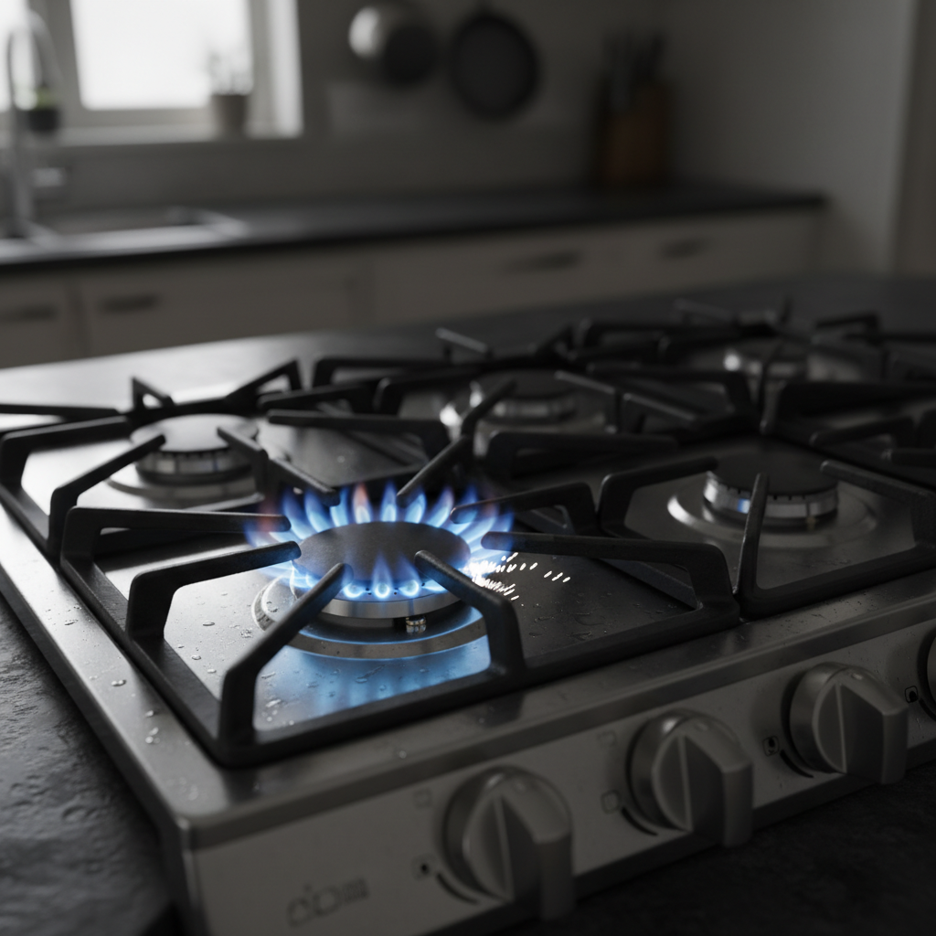 A close-up shot of a gas stove burner with the blue flame lit while the white ceramic igniter is visibly sparking next to it.