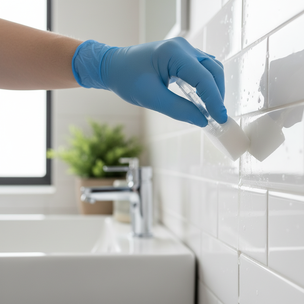 A pristine, clean white tile shower with perfectly sealed grout lines, showcasing the result of a proper grout sealing schedule.