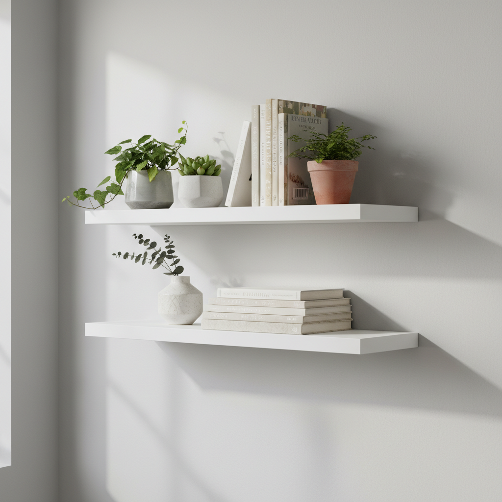 A beautifully installed set of dark wood floating shelves on a white drywall wall, holding books and small decorative plants.