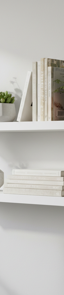 A beautifully installed set of dark wood floating shelves on a white drywall wall, holding books and small decorative plants.