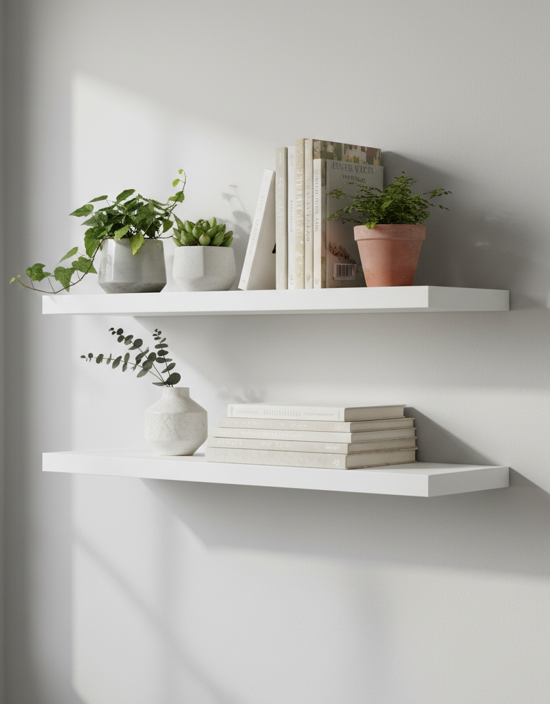 A beautifully installed set of dark wood floating shelves on a white drywall wall, holding books and small decorative plants.