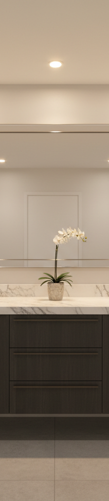A modern bathroom with a well-executed layered lighting plan, featuring bright vanity sconces, overhead ambient light, and a dedicated light within the glass shower enclosure.