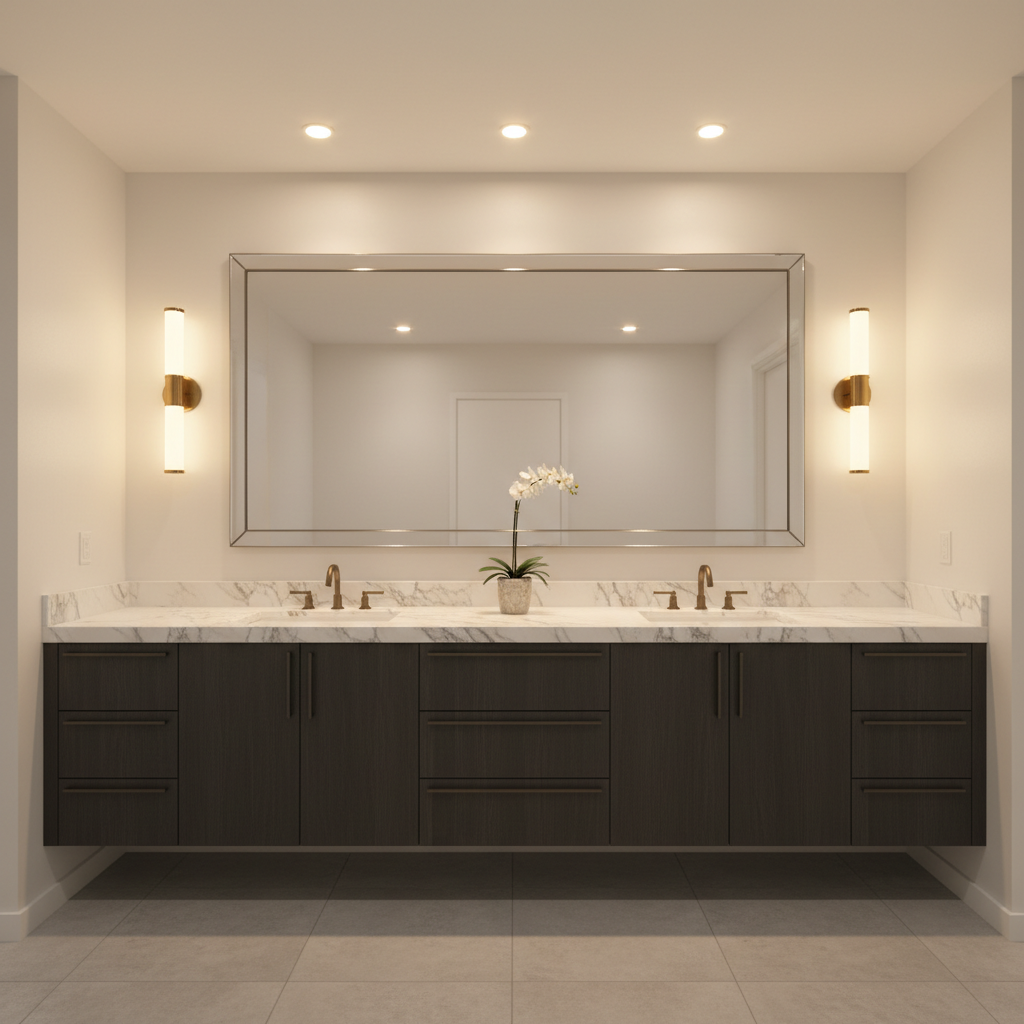 A modern bathroom with a well-executed layered lighting plan, featuring bright vanity sconces, overhead ambient light, and a dedicated light within the glass shower enclosure.