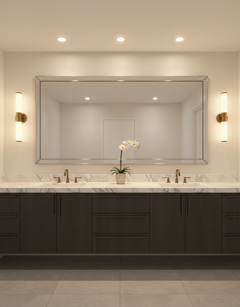 A modern bathroom with a well-executed layered lighting plan, featuring bright vanity sconces, overhead ambient light, and a dedicated light within the glass shower enclosure.
