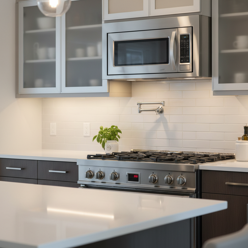 Underside of an over-the-range microwave, showing the location of the exhaust fan and thermal sensor above a cooktop.