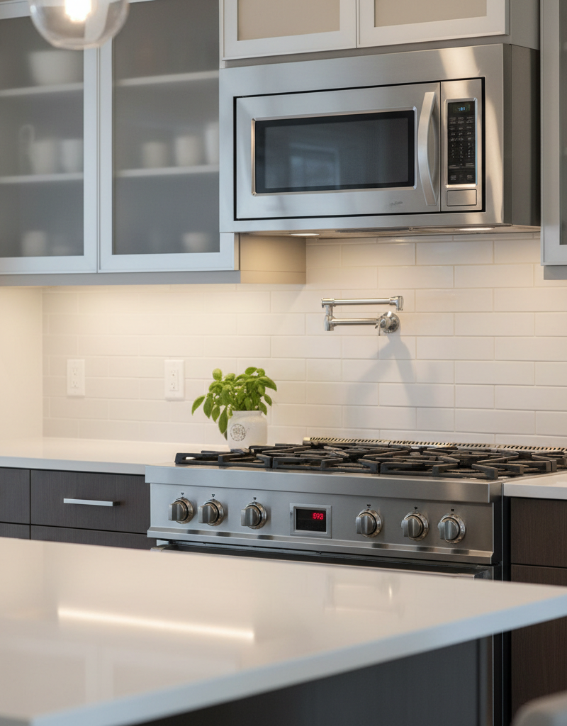 Underside of an over-the-range microwave, showing the location of the exhaust fan and thermal sensor above a cooktop.