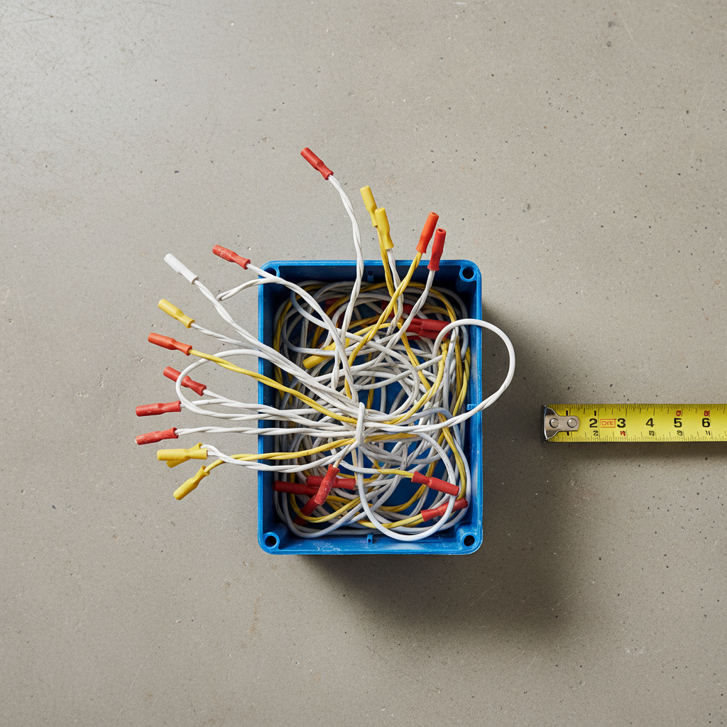 A dangerously overstuffed electrical box with cramming wires and a receptacle partially installed, illustrating a fire hazard.