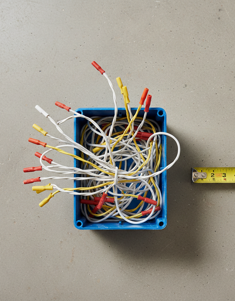 A dangerously overstuffed electrical box with cramming wires and a receptacle partially installed, illustrating a fire hazard.