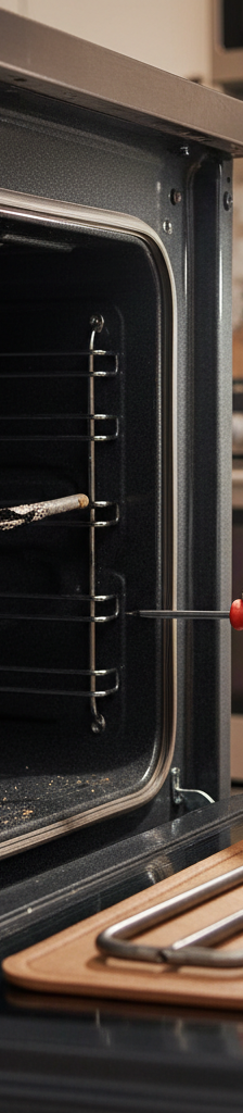A glowing red-hot oven bake element contrasted with a burnt-out, blistered and broken element inside a dark oven.