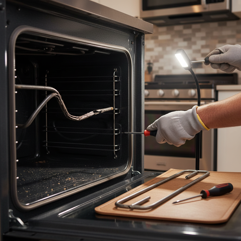 A glowing red-hot oven bake element contrasted with a burnt-out, blistered and broken element inside a dark oven.