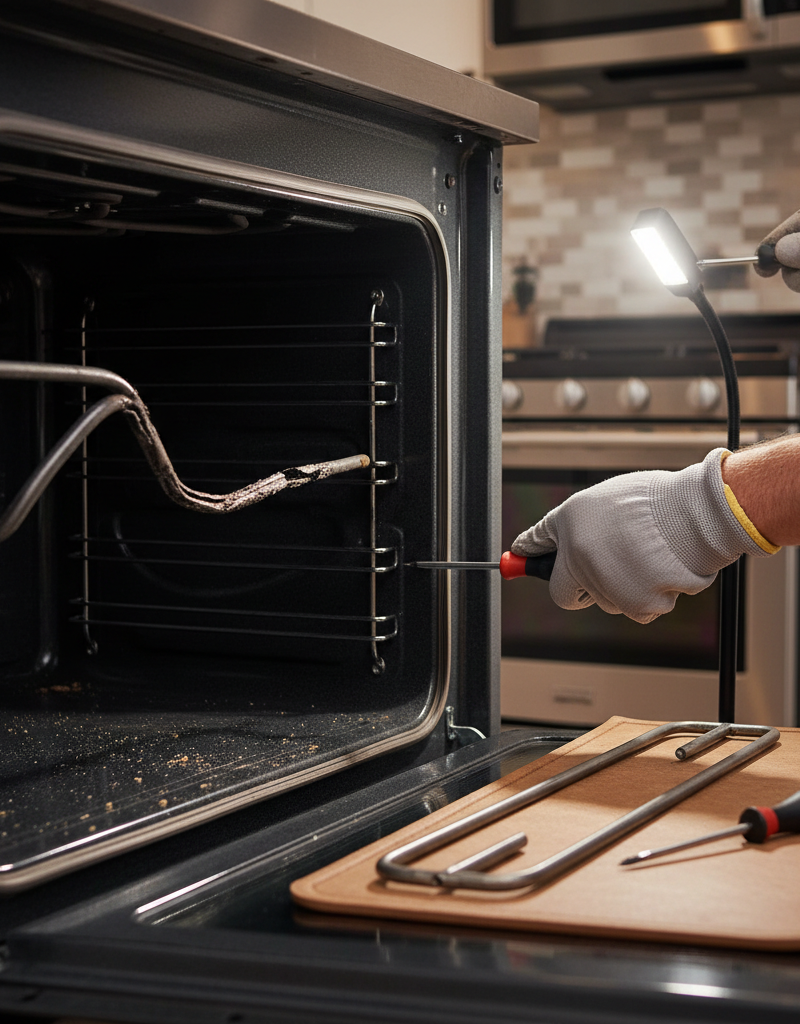 A glowing red-hot oven bake element contrasted with a burnt-out, blistered and broken element inside a dark oven.