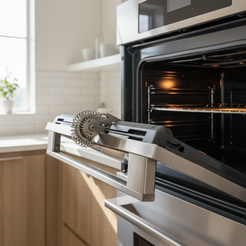 A homeowner inspecting the hinge mechanism on a detached oven door laid on a protective blanket.