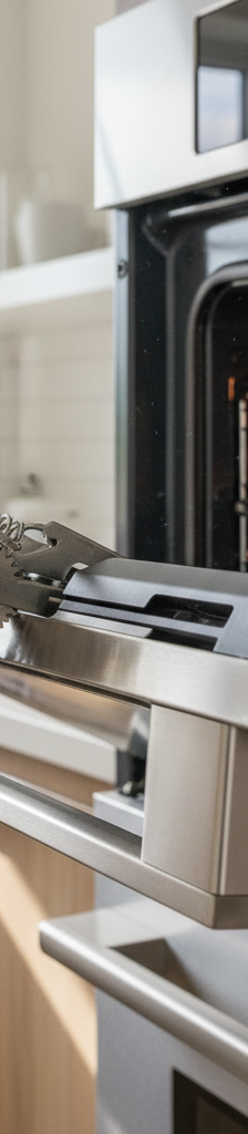 A homeowner inspecting the hinge mechanism on a detached oven door laid on a protective blanket.