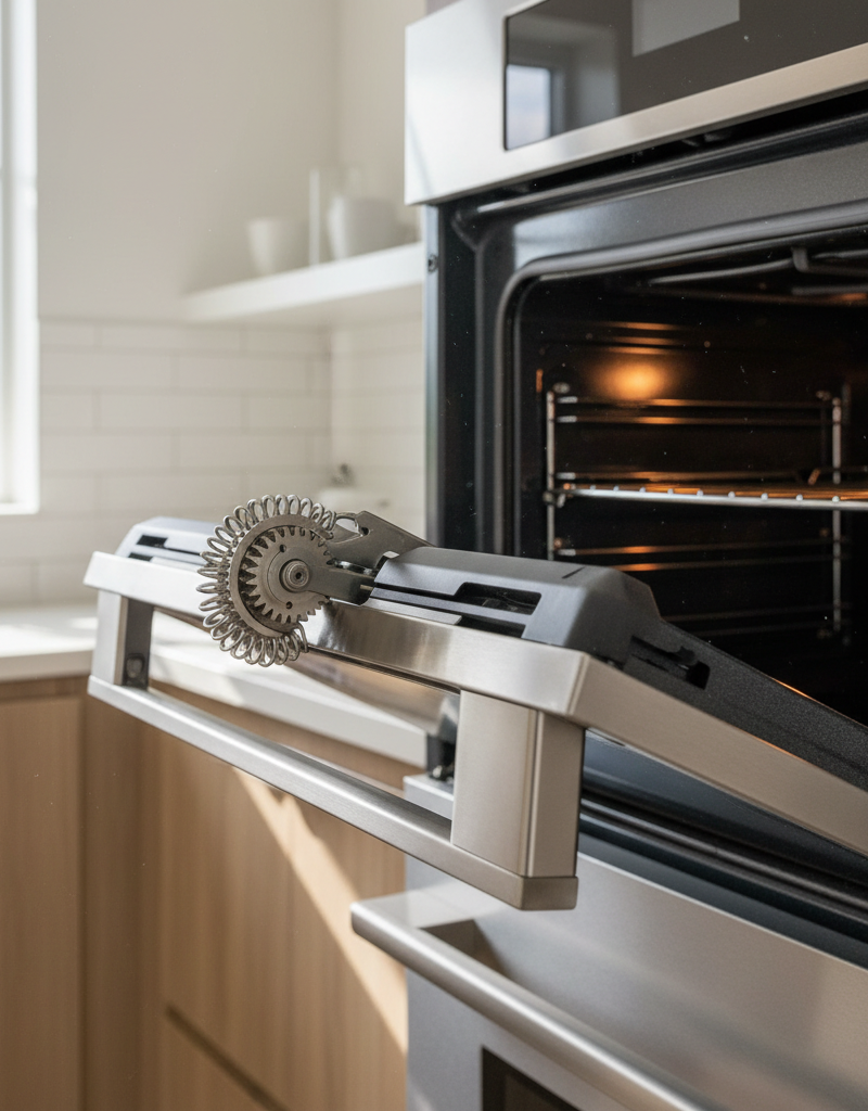 A homeowner inspecting the hinge mechanism on a detached oven door laid on a protective blanket.