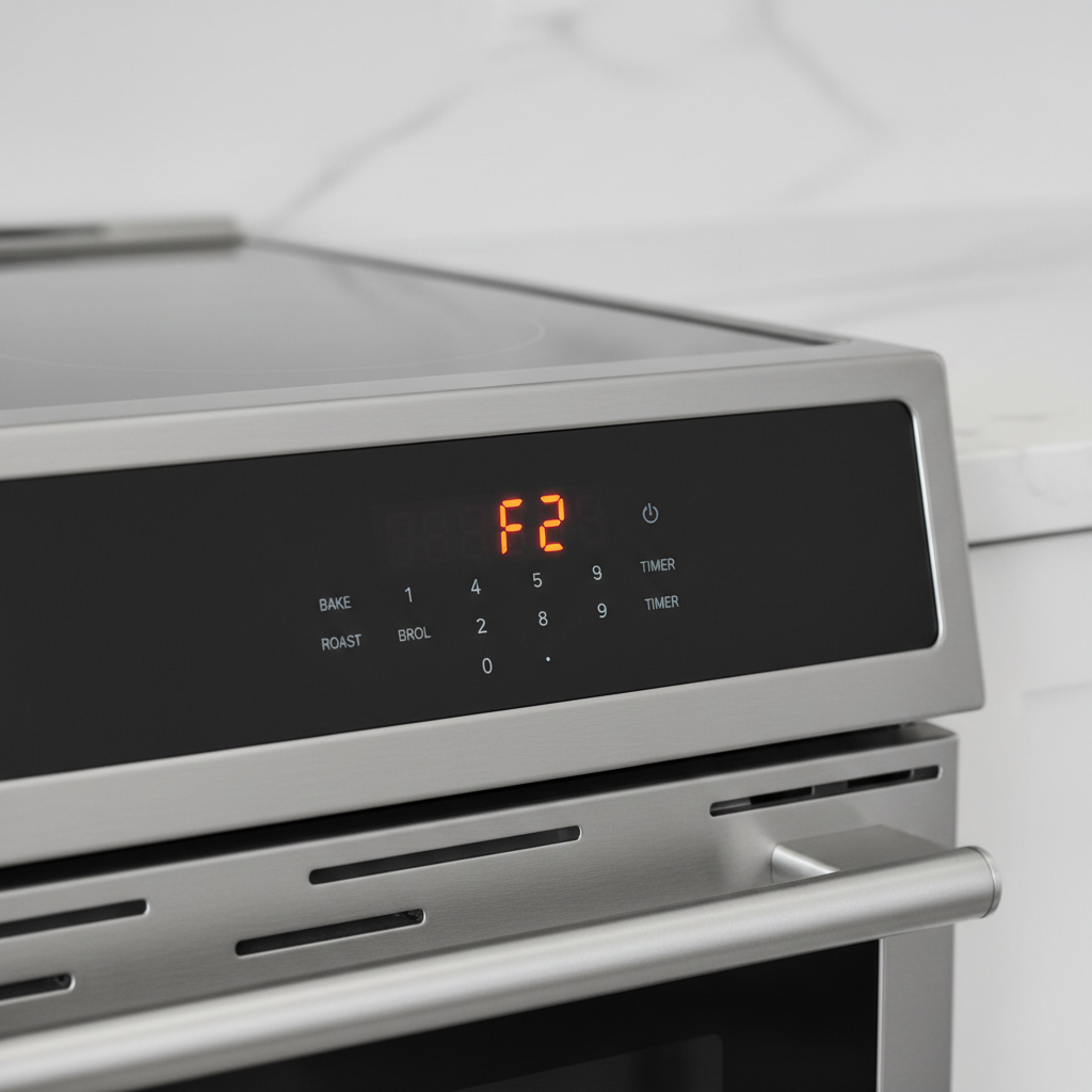 A close-up of an oven's digital display showing the "F1" error code, with the rest of the kitchen blurred in the background.