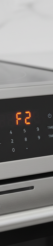 A close-up of an oven's digital display showing the "F1" error code, with the rest of the kitchen blurred in the background.