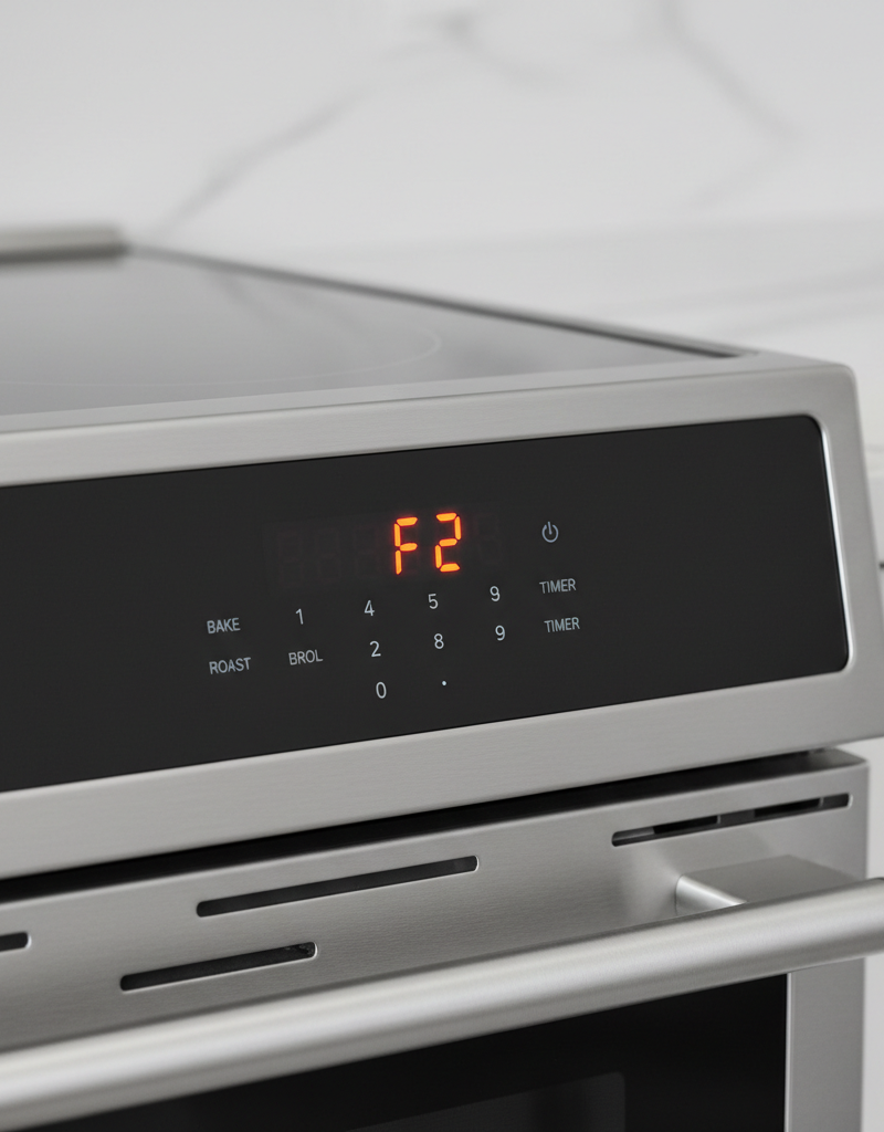 A close-up of an oven's digital display showing the "F1" error code, with the rest of the kitchen blurred in the background.