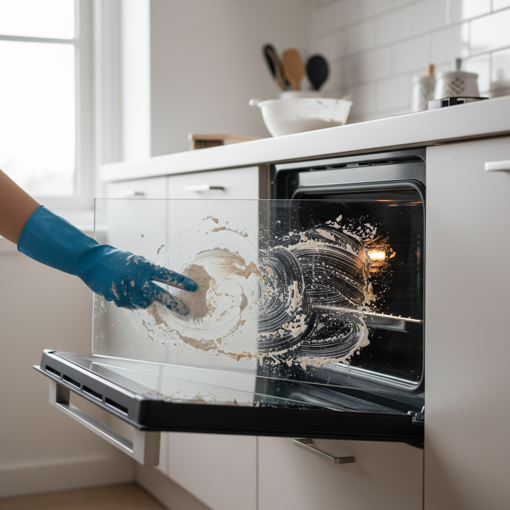 A side-by-side comparison showing a dirty oven interior next to a sparkling clean one, with a hand in a yellow glove wiping the clean side.