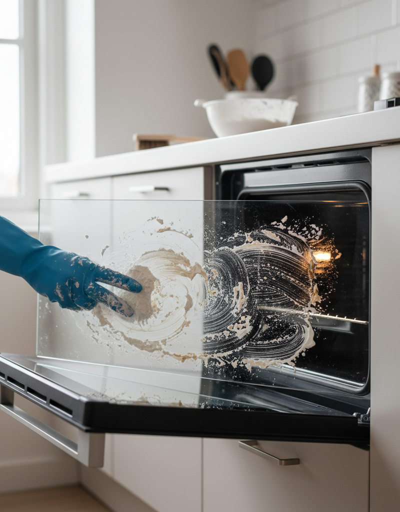 A side-by-side comparison showing a dirty oven interior next to a sparkling clean one, with a hand in a yellow glove wiping the clean side.