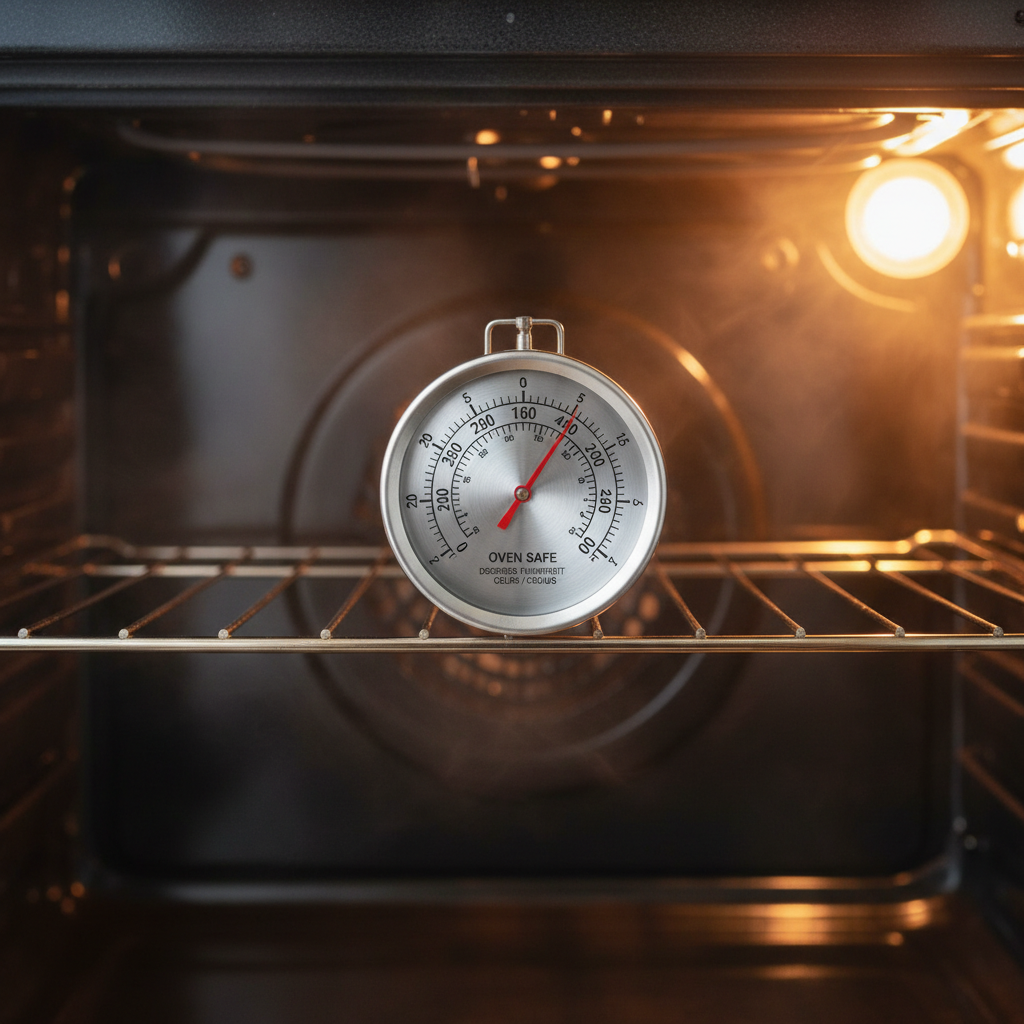 An oven thermometer sitting on the center rack of a clean oven, showing a temperature that is 25 degrees higher than the oven's digital display.