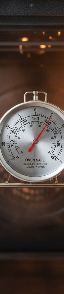 An oven thermometer sitting on the center rack of a clean oven, showing a temperature that is 25 degrees higher than the oven's digital display.