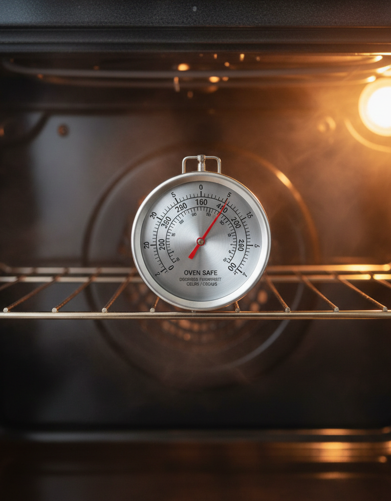 An oven thermometer sitting on the center rack of a clean oven, showing a temperature that is 25 degrees higher than the oven's digital display.