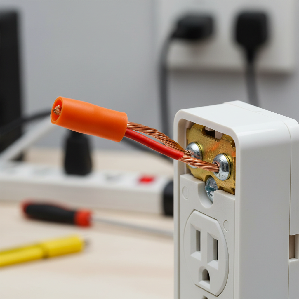 A close-up of an electrician creating a pigtail connection on a residential electrical outlet.